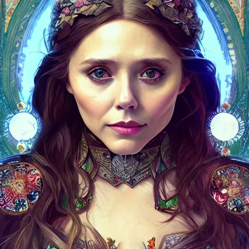 Image similar to Elizabeth Olsen as a elf archer, cute, fantasy, intricate, elegant, highly detailed, centered, digital painting, artstation, concept art, smooth, sharp focus, illustration, art by artgerm and H R Giger and alphonse mucha