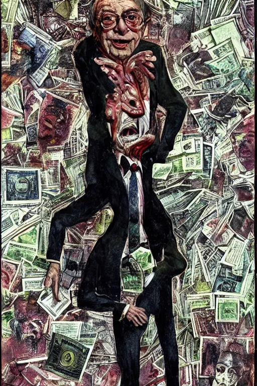 Image similar to George Soros full body shot, dollar bills Body horror, biopunk, by Ralph Steadman, Francis Bacon, Hunter S Thompson