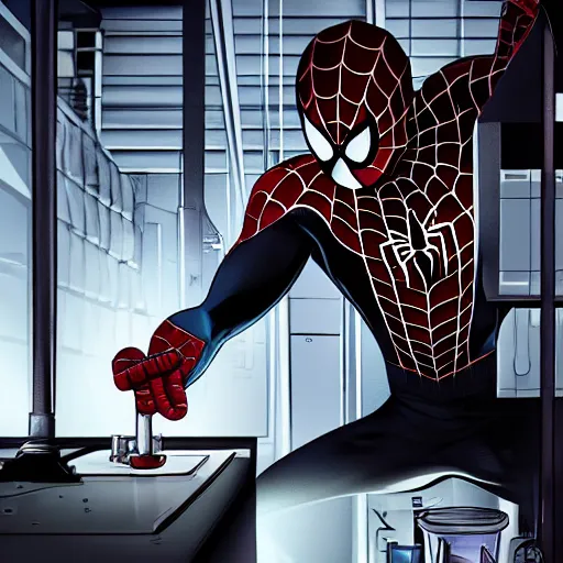 Image similar to medium shot artistic photo of spiderman working as a scientist experimenting in a dark lab, ultra detailed