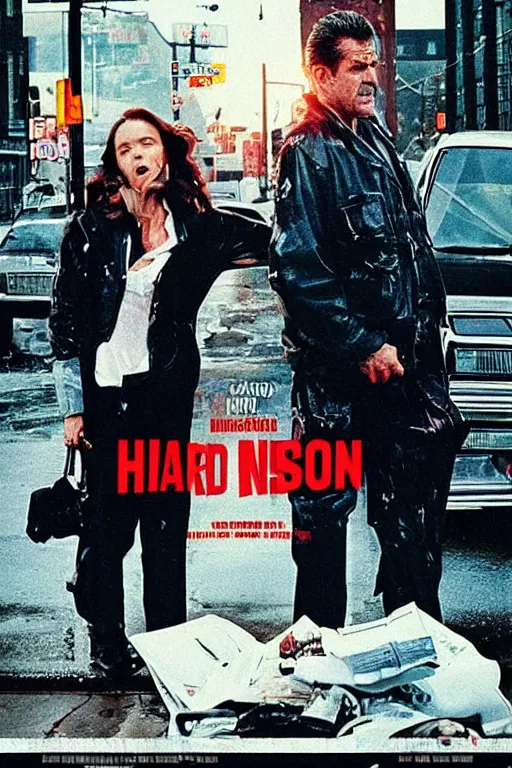 Prompt: “ a movie poster for a hard - boiled cop drama starring mel gibson and kate bosworth set in 1 9 9 0 s queens, ny. cinematic, award - winning, rainy night. ”