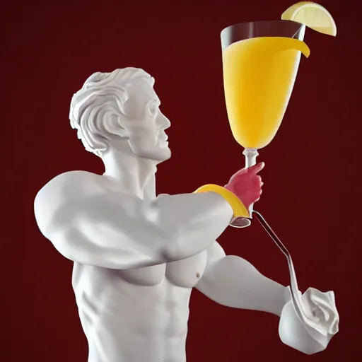 Prompt: medium shot of white reneissance statue holding a coctail, colorful coctail, digital painting, 3 d render