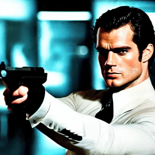 Image similar to henry cavill in goldeneye as james bond posing with pistol, promotional poster