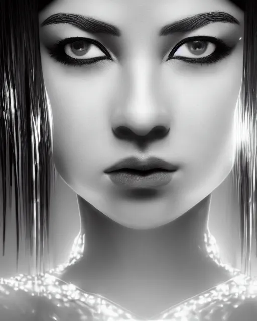 Image similar to black and white dreamy young beautiful female artificial intelligence, metropolis, cinematic, rim light, bokeh, photo - realistic, elegant, high detail, 8 k, masterpiece, photo taken in 1 9 3 0