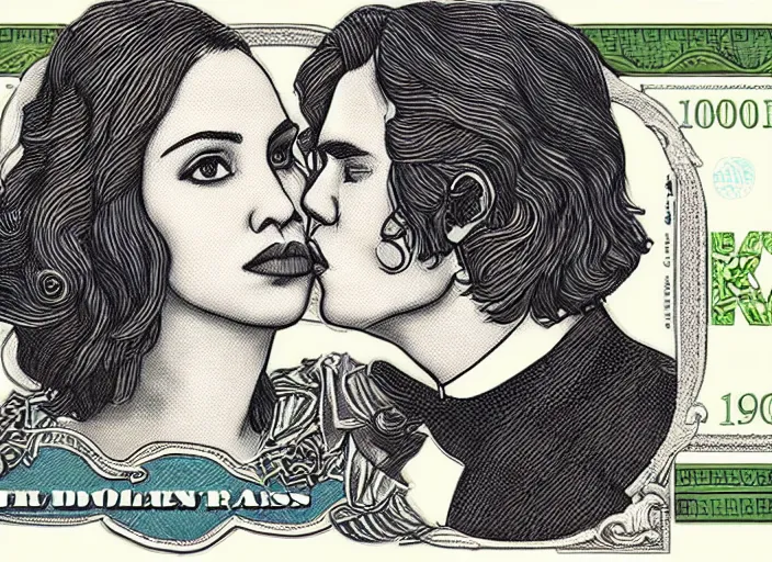 Image similar to reylo kissing dollar bill design