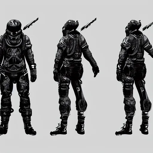 Image similar to concept art of a game character future weapon space suit Kim Jung Gi black and white