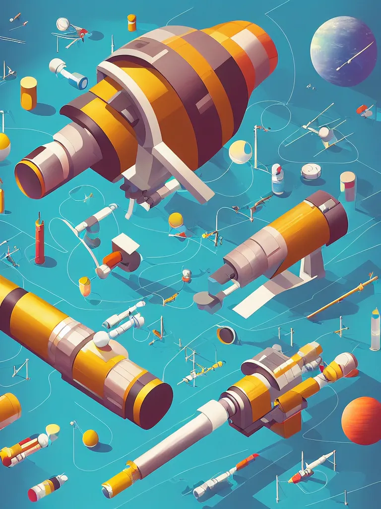 Image similar to editorial illustration scientific lab test tube telescope microscope spaceship artificial satellite, dynamic composition, detailed, matte print, dynamic perspective, colorful modern, mads berg