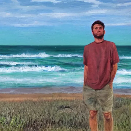 Image similar to a man named Luke harrington who lives on Ocracoke island staring at the ocean, photorealistic