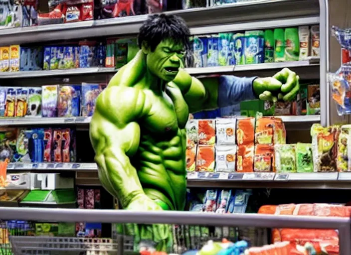 Image similar to film still of hulk working as a cashier in a grocery store in the new avengers movie, 4 k