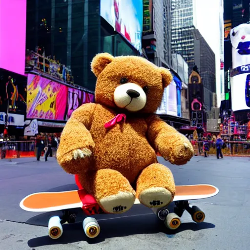 Image similar to a photo of a teddy bear on a skateboard in times square