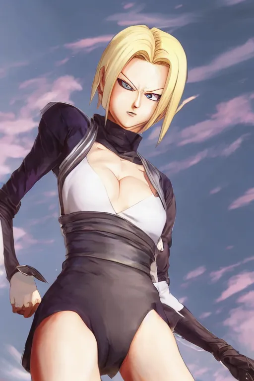 Image similar to android 18 from dbz in a spinoff in blade and soul concept art on a render by the artist Hyung tae Kim , Shigenori Soejima, Jiyun Chae, Joe Madureira, trending on Artstation by Hyung tae Kim, artbook, Stanley Artgerm Lau, WLOP, Rossdraws , Shigenori Soejima