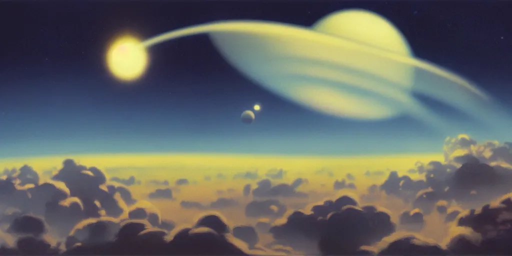 Image similar to blue dreamy cloudscape with a single planet in the clouds, daylight, cinematic lighting, cinematic perspective, syd mead, john harris, federico pelat,