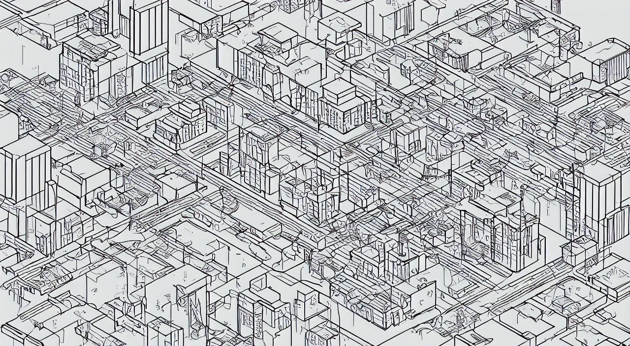 Image similar to exploded axon schematic drawinf of a typical city block, in vector drawing style of charles williams