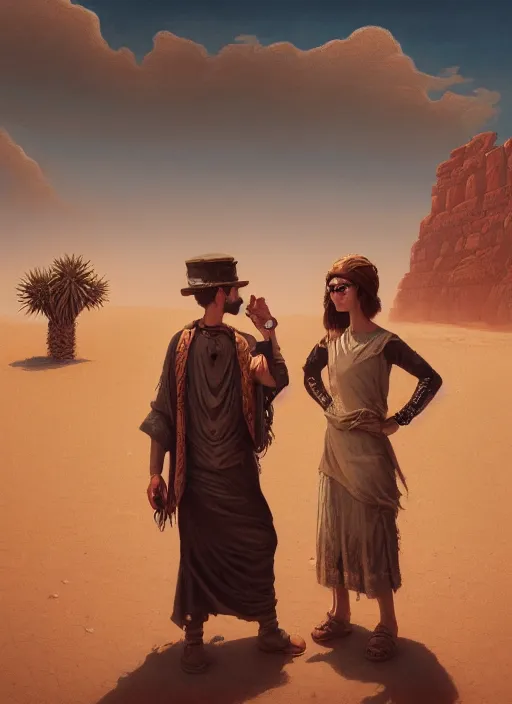 Image similar to highly detailed painting of two jews in the desert, unreal engine, greg rutkowski, ilya kuvshinov, ross draws, tom bagshaw, tom whalen, nicoletta ceccoli, mark ryden