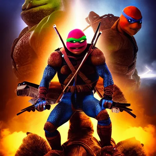 Image similar to teenage mutant ninja turtle, epic action movie poster, hyper realistic award winning photography, epic volumetric lighting, colorful, stunning glowing eyes