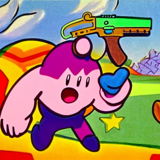 Prompt: kirby holding a pistol, cartoon