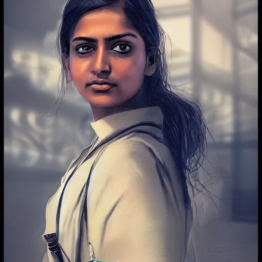 Image similar to Anxious beautiful young female Indian Doctor at Heathrow terminal, by Cedric Peyravernay, highly detailed, excellent composition, cinematic concept art, dramatic lighting, trending on ArtStation
