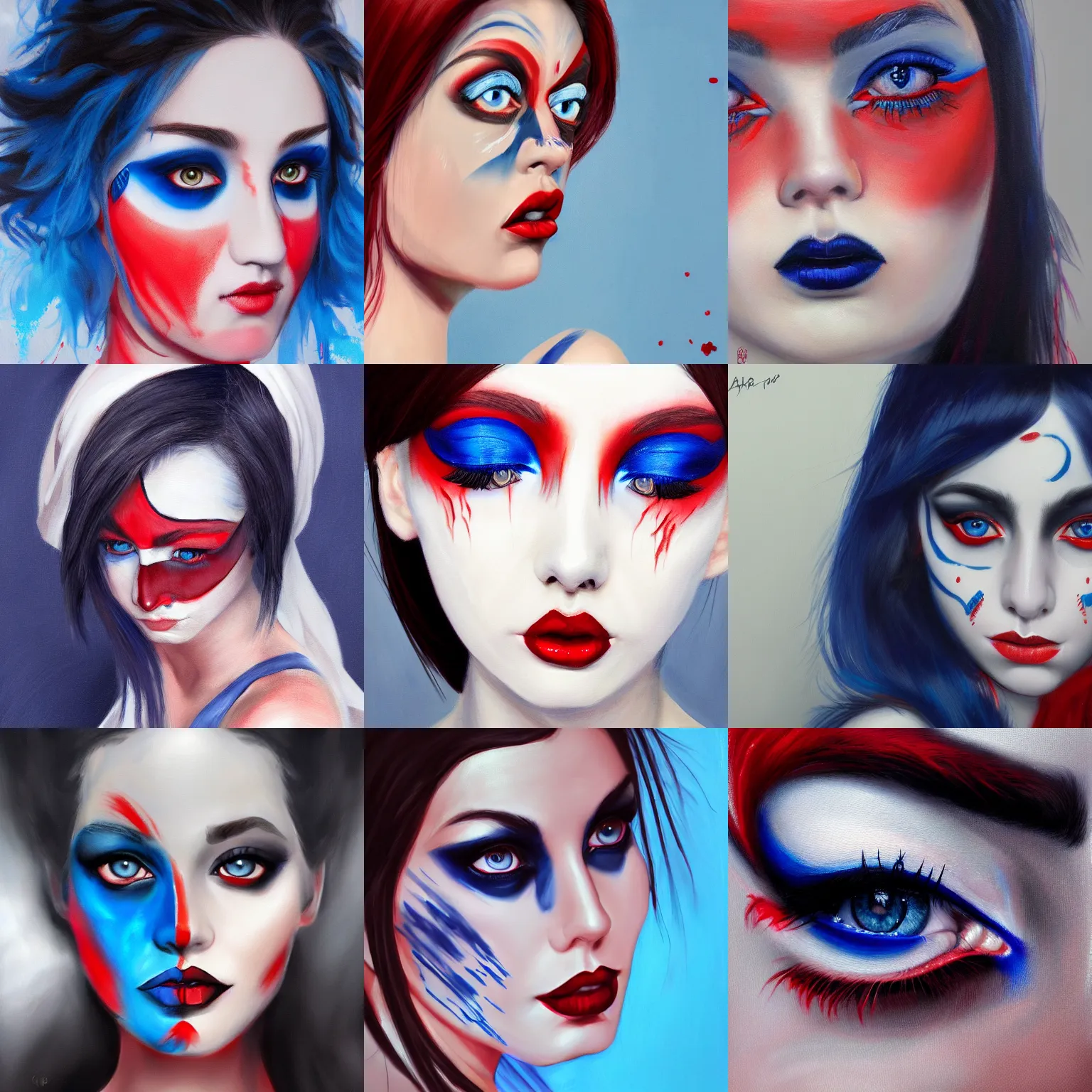 Prompt: painting of a dark hair blue eye woman with red and white makeup, by natasha tan, highly detailed, 4 k, trending on artstation, fantasy art, artstation hd, artstation hq, dystopian art
