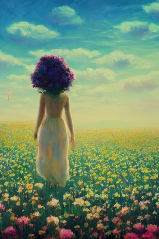 Image similar to giant white flower head, girl walking in a flower field, surreal photography, sunrise, dramatic light, impressionist painting, colorful clouds, digital painting, artstation, simon stalenhag