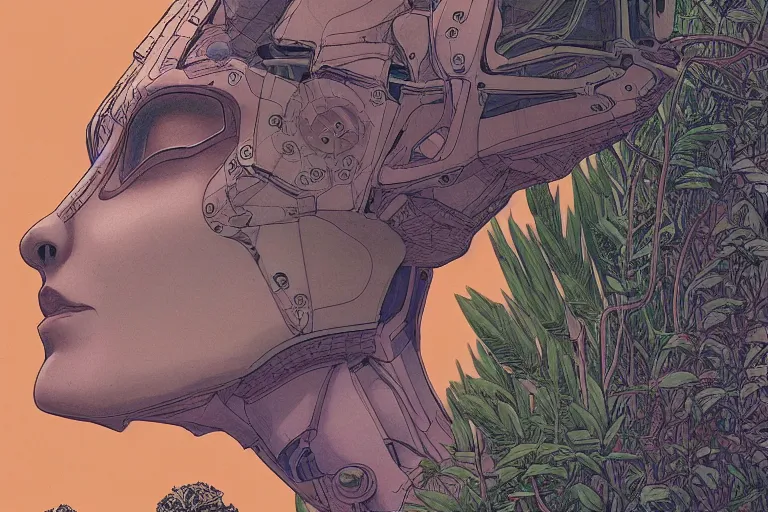 Image similar to gigantic robot - girl head floating in the space, a lot of exotic plants, trees, flowers, oldschool vintage sci - fi flat surreal grainy design, super - detailed, drawing by moebius, hd, 4 k, high quality