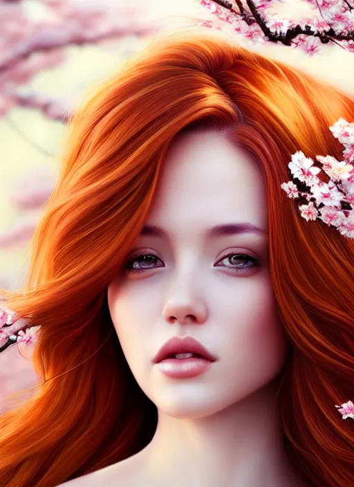 Image similar to photo of a gorgeous female with auburn hair in the style of stefan kostic, realistic, half body shot, sharp focus, 8 k high definition, insanely detailed, intricate, elegant, art by stanley lau and artgerm, extreme blur cherry blossoms background