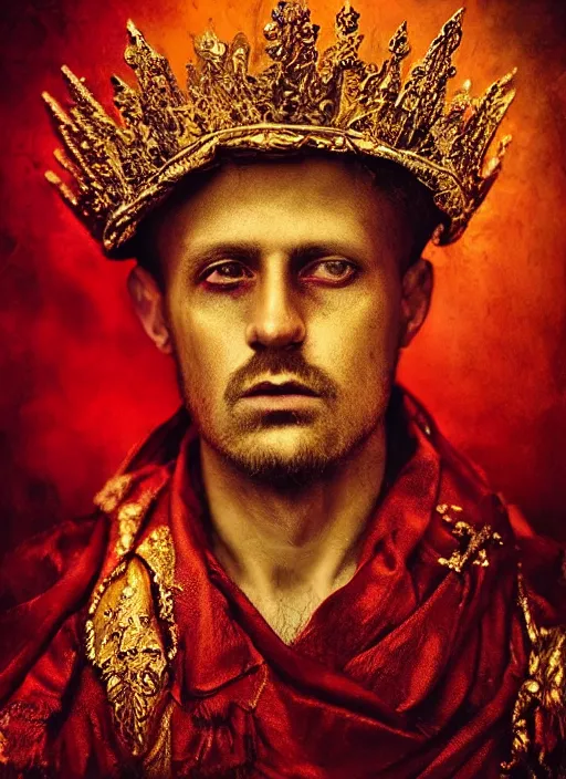 Image similar to 'Portrait of Crowned King Arthur' by Lee Jeffries royally decorated, whirling plasma, atmospheric motes, red and gold Sumptuous garb, gilt silk fabric, radiant colors, fantasy, perfect lighting, studio lit, micro details,