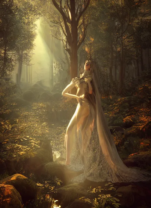 Prompt: beauteous sumptuous, gothic full body elegant pose, crystalline masterpiece incrustations, by victoria frances, hyperdetailed metalwork, movie still, intricate, octane render, cinematic forest lighting, unreal engine, crepuscular rays, god rays