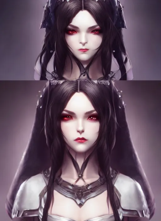 Image similar to full plate armor!!! beautiful and elegant dark hair female vampire!! gorgeous ayes!! character concept art, sharp focus, octane render! unreal engine 5! highly rendered!! trending on artstation!! detailed linework!! illustration by artgerm, wlop, and chie yoshii