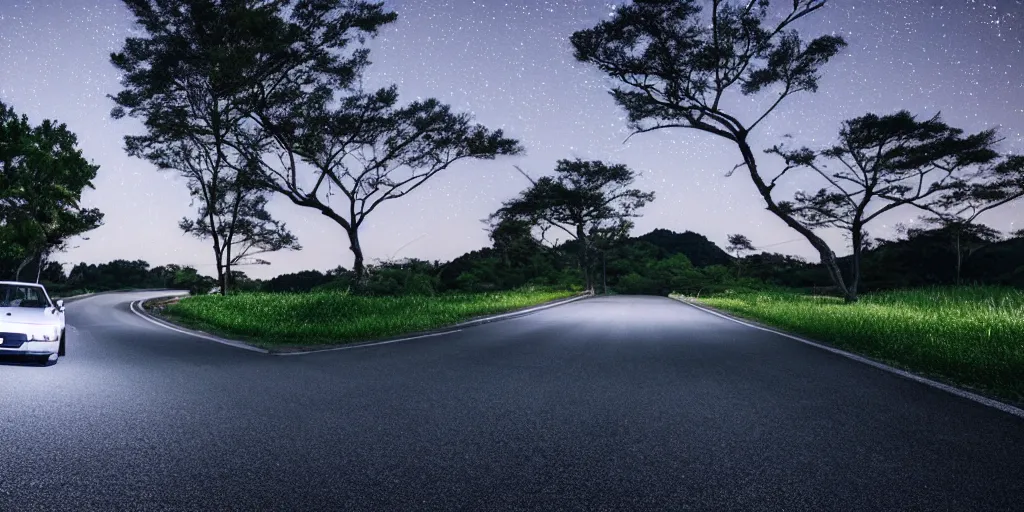 Image similar to Beautiful Photograph of Nissan Skyline R33 on a road in Japanese countryside, Night