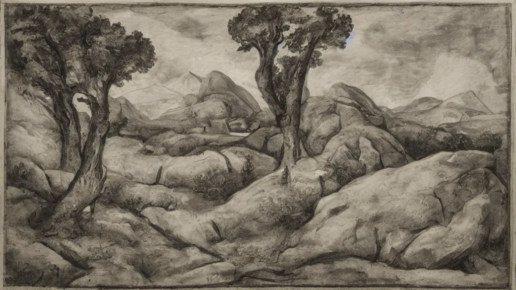 Prompt: a medieval chiaroscuro lithograph of a colossal abstract granite sculpture garden by kurt seligmann and henry moore and edward steichen, on a lawn, distant mountains, the merely beautiful bore me to death