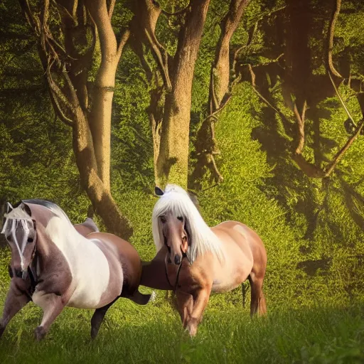 Prompt: two horses lying on the woods path, having arrows on their body, photo, 8 k