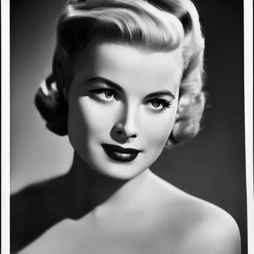 Prompt: an analog 4x5 camera portrait photography of a 1940s hollywood starlet grace kelly, actress, blonde, vivacious, demur, cinematic, portrait color glamour, hq, detailed