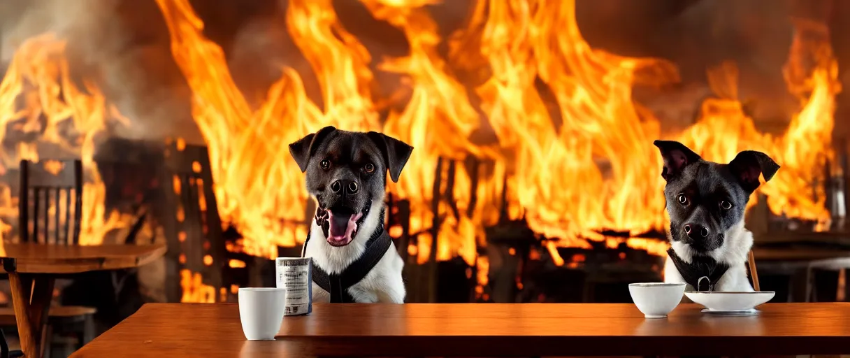 Image similar to a photograph (flash on) of a relaxed anthropomorphic dog sitting on a wooden chair at a table (no fire at all there), surrounded by flames, there is a full cup of coffee on the table, huge fire on this dining room in the background, a lot of flames behind the dog, black smoke instead of the ceiling, no watermark