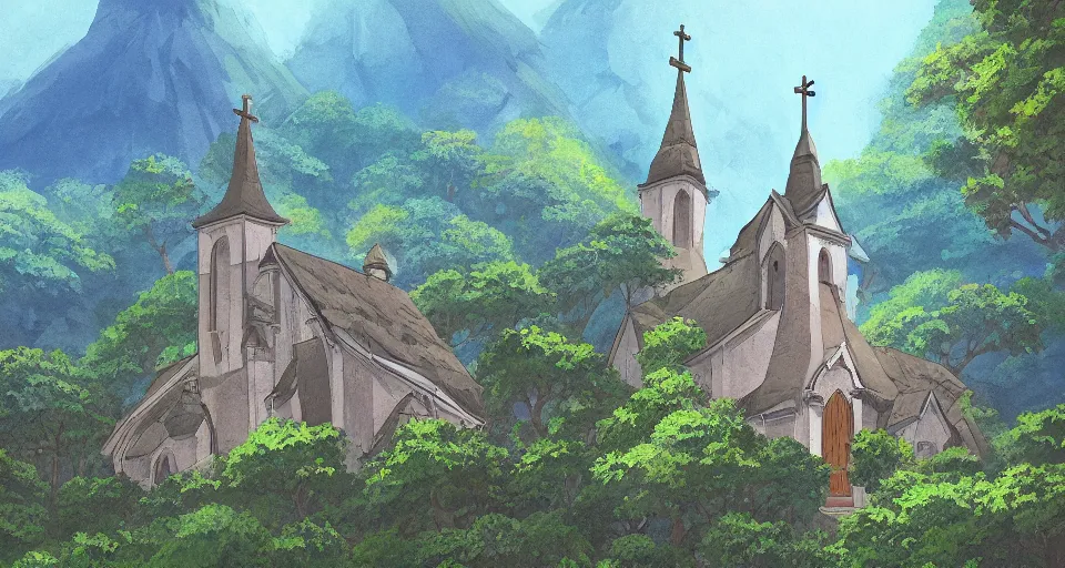 Prompt: view of a catholic church on a forested mountain, in the style of studio ghibli, distant, detailed, artstation, award winning painting