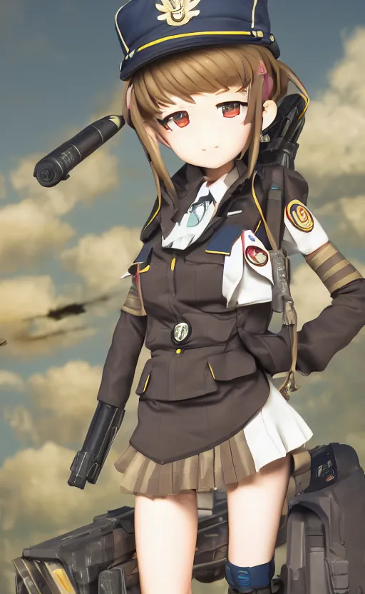 Prompt: toy, school uniform, portrait of the action figure of a girl, girls frontline style, anime figure, dirt and smoke background, flight squadron insignia, realistic military gear, 70mm lens, round elements, photo taken by professional photographer, character design by shibafu, trending on facebook, symbology, realistic anatomy, 4k resolution, matte, empty hands, realistic military carrier