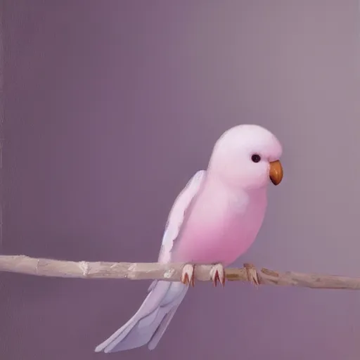 Image similar to an oil painting of a pale pink budgie with black spots, full hd, ue5, ue4, unreal engine 5, artstation