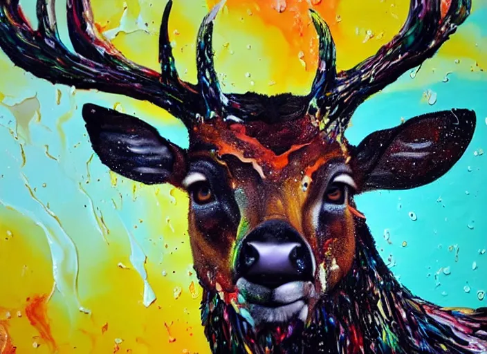 Image similar to still shot close up footage of a deer's head exploding and disintegrating into acrylic pour and splashing paint and dripping paint, thick impasto paint, embossed paint, big flying chunks of paint, motion blur, hyperrealistic, medical, intricate art photography, anatomically correct, realistic crisp textures, 1 6 k