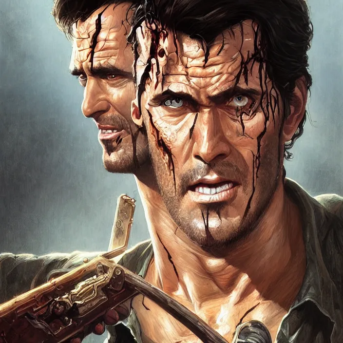 Image similar to portrait of the man from Evil Dead movie Ash Williams, \'Groovy\' fantasy, intricate, elegant, highly detailed, digital painting, artstation, concept art, smooth, sharp focus, illustration, art by artgerm and greg rutkowski and alphonse mucha