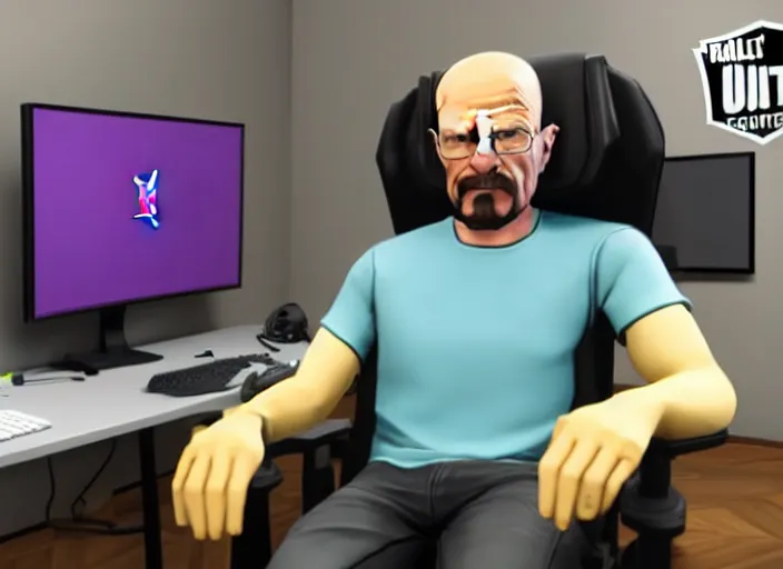 Prompt: realistic gamer walter white in real life on a gaming chair playing fortnite on his gamer pc
