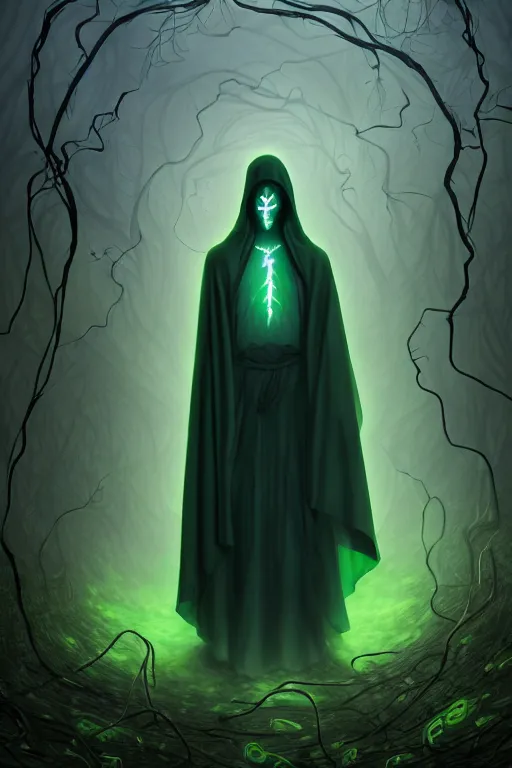 Image similar to A full body portrait of a ghost like character with no face, glowing eyes and a very long hooded dark green cloak of leaves and vines, forest spirits flying in the background art by Shaddy Safadi and Jason Chan, ominous, cosmic horror, trending on artstation, Ultra detailed, hyper realistic 4k