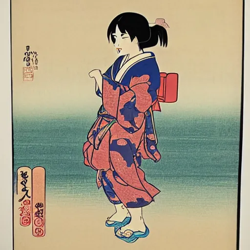 Image similar to Japanese woodblock print of real girl dora the explorer, hokusai