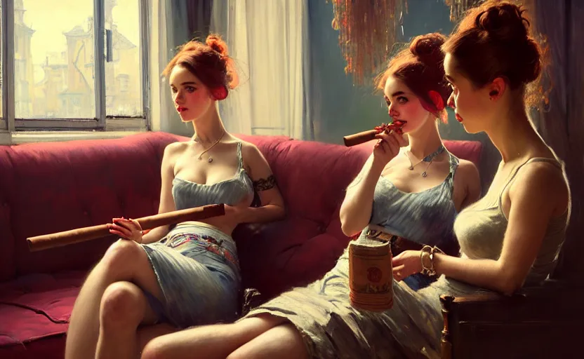 Image similar to portrait of several girls smoking cigars, sitting on a couch, highkey, realistic, serov, surikov, vasnetsov, repin, kramskoi, ultra realistic, depth of field insanely detailed, charlie bowater, tom bagshaw, norman rockwell, octane rendered, unreal engine, trending on artstation, 4 k