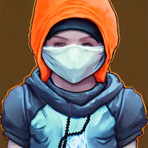 Image similar to baby Angel, baby cherub,wearing angel halo, ski mask, balaclava, face covered, wearing angel halo covered face, orange hoodie, hip hop, multiple golden necklaces, fantasy art apex fortnite Video game icon, 2d game art gta5 cover , official fanart behance hd artstation by Jesper Ejsing, by RHADS, Makoto Shinkai and Lois van baarle, ilya kuvshinov, rossdraws