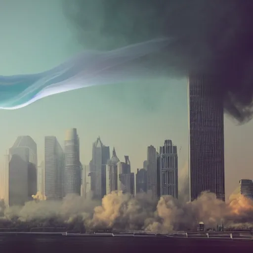 Prompt: muted colorful smoke forms into vague shape reminiscent of dragons racing. distant futuristic cityscape in the background.