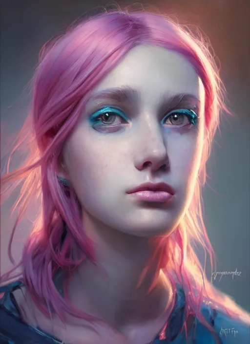Prompt: girl with unkempt blue and pink hair, beautiful highly detailed face, complementary lighting, backlit, eyeshadow, divine, beautiful painting by artgerm and greg rutkowski and raymond swanland
