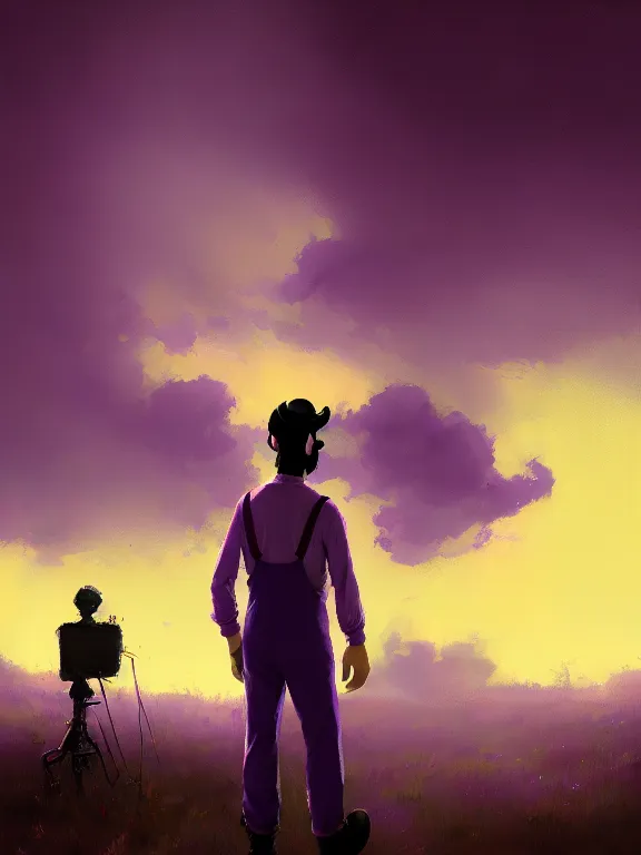 Image similar to A movie still portrait of Waluigi outside wearing purple suspenders staring out the window while Mario delivers his food on a tray while wearing a Red suspenders outfit. Sunlight from the morning foreground sky by ismail inceoglu, craig mullins, can basdogan, frank frazetta, mike franchina, ariel perez, bar tosz domiczek, iain mccaig, Breath of the wild, studio ghibli