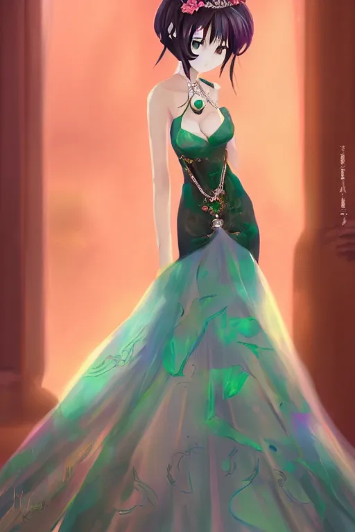 Prompt: Anime sad princess in full figure wearing an exotic evening gown, heargear and jade necklace, evening, detailed painting, WLOP, Artstation
