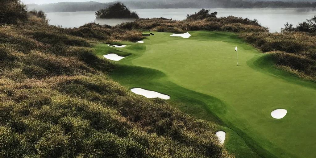 Image similar to a great photograph of the most amazing golf hole in the world completely surrounded by water, calm water, perfect light, ambient light, miniature, tilt shift lens, golf digest, top 1 0 0, fog