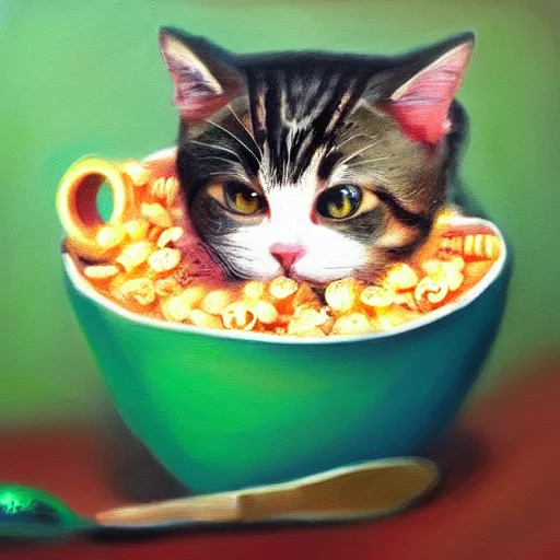 Prompt: cat inside of a bowl of cereal, oil painting, cute, kawaii, adorable, award winning, digital art