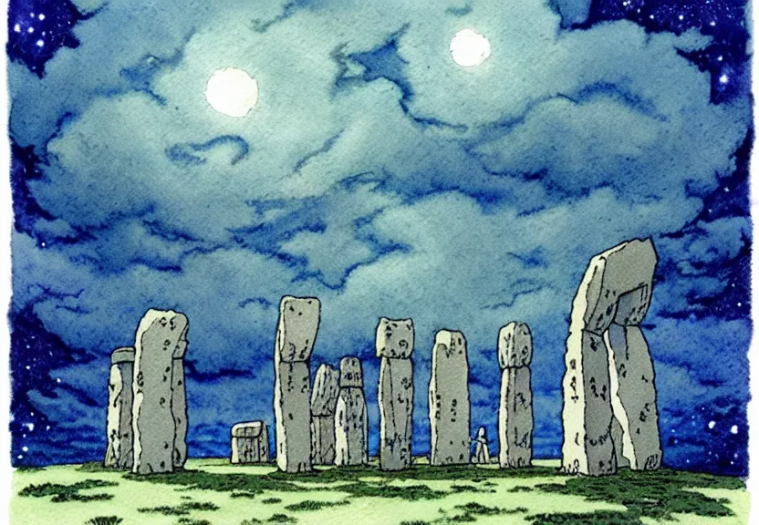 Image similar to a simple watercolor studio ghibli movie still fantasy concept art of stonehenge at the bottom of the ocean. a giant grey cube is floating in the air. it is a misty starry night. by rebecca guay, michael kaluta, charles vess