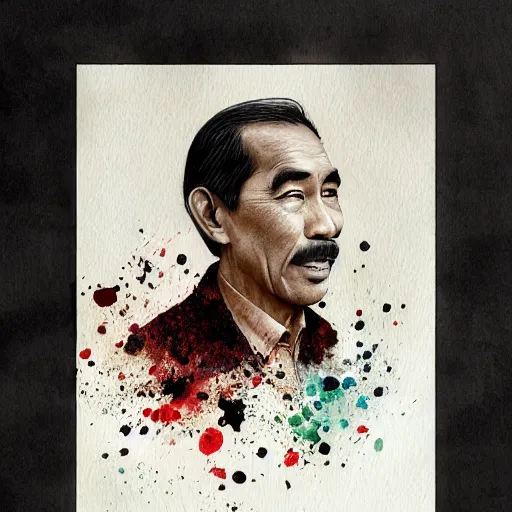 Prompt: Joko Widodo without moustache by Jean-Baptiste Monge, profile, post processing, painterly, book illustration watercolor granular splatter dripping paper texture. Trending on artstation, post processing, pen and ink work. sharp focus